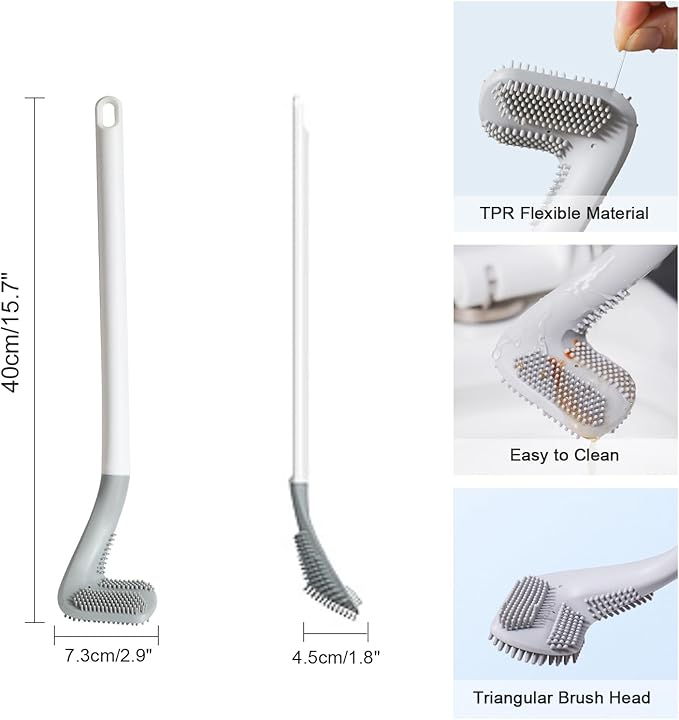 Toilet Brush | Flexible Silicone Bristles | Rubber Golf Handle | Holder with 2 FREE Sticky Hooks