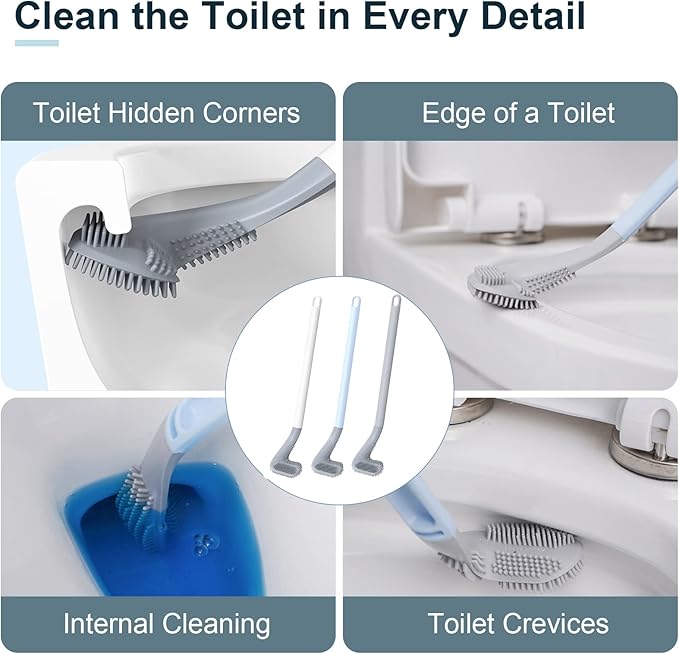 Toilet Brush | Flexible Silicone Bristles | Rubber Golf Handle | Holder with 2 FREE Sticky Hooks
