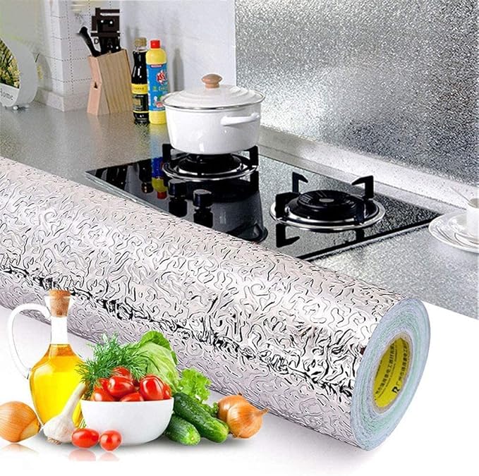 Silver Foil Kitchen Waterproof & Oil Proof| Aluminum Foil Self-Adhesive Sheet for Stove Cabinets & Walls – Heat Resistant