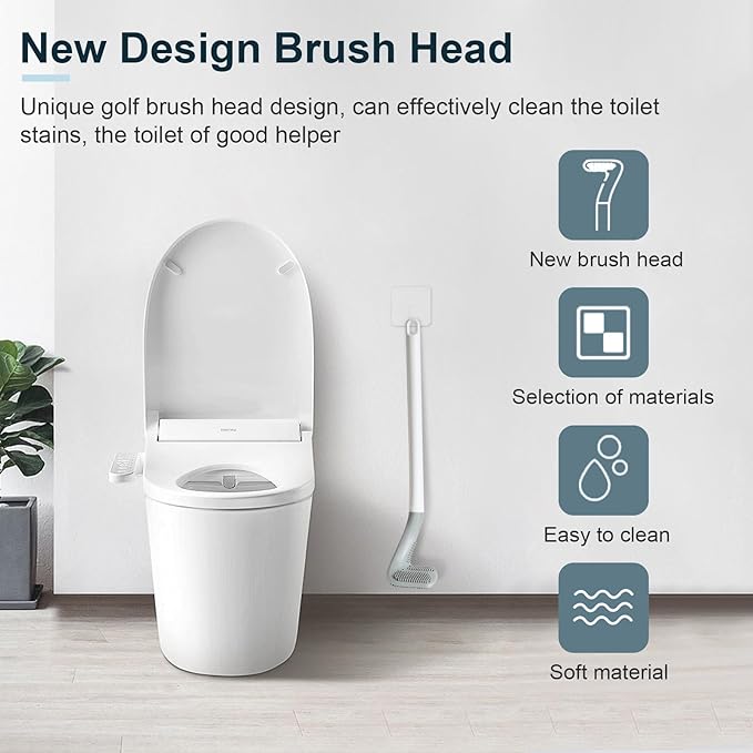 Toilet Brush | Flexible Silicone Bristles | Rubber Golf Handle | Holder with 2 FREE Sticky Hooks