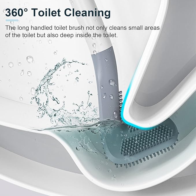 Toilet Brush | Flexible Silicone Bristles | Rubber Golf Handle | Holder with 2 FREE Sticky Hooks