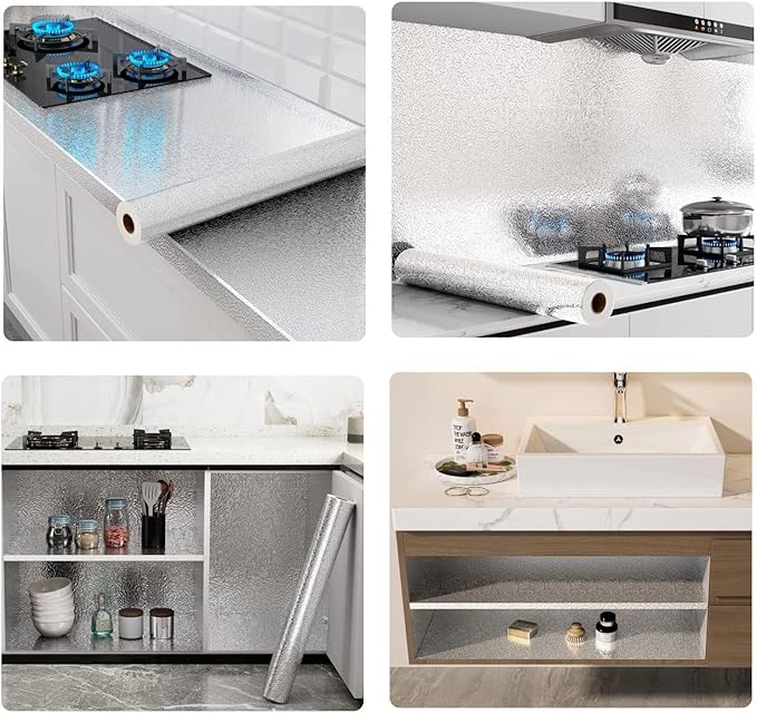 Silver Foil Kitchen Waterproof & Oil Proof| Aluminum Foil Self-Adhesive Sheet for Stove Cabinets & Walls – Heat Resistant