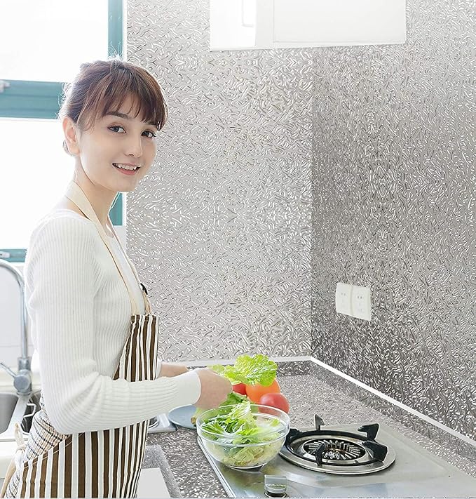 Silver Foil Kitchen Waterproof & Oil Proof| Aluminum Foil Self-Adhesive Sheet for Stove Cabinets & Walls – Heat Resistant