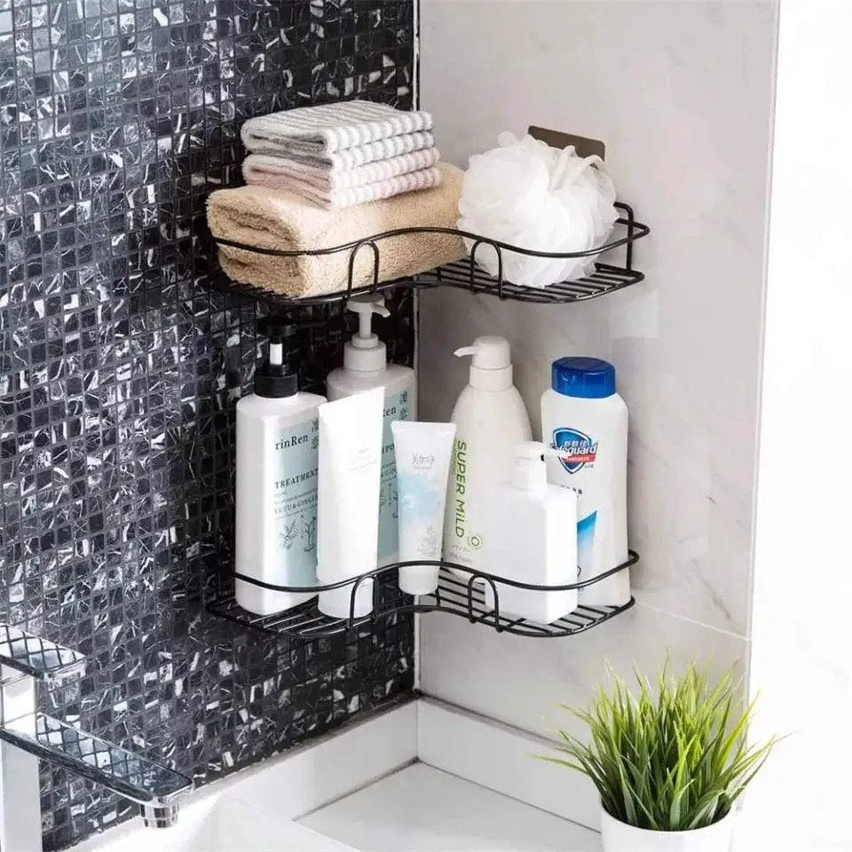 Premium Export Quality Powder Coated Metal Corner Rack For Bathroom & Kitchen with 2 hooks